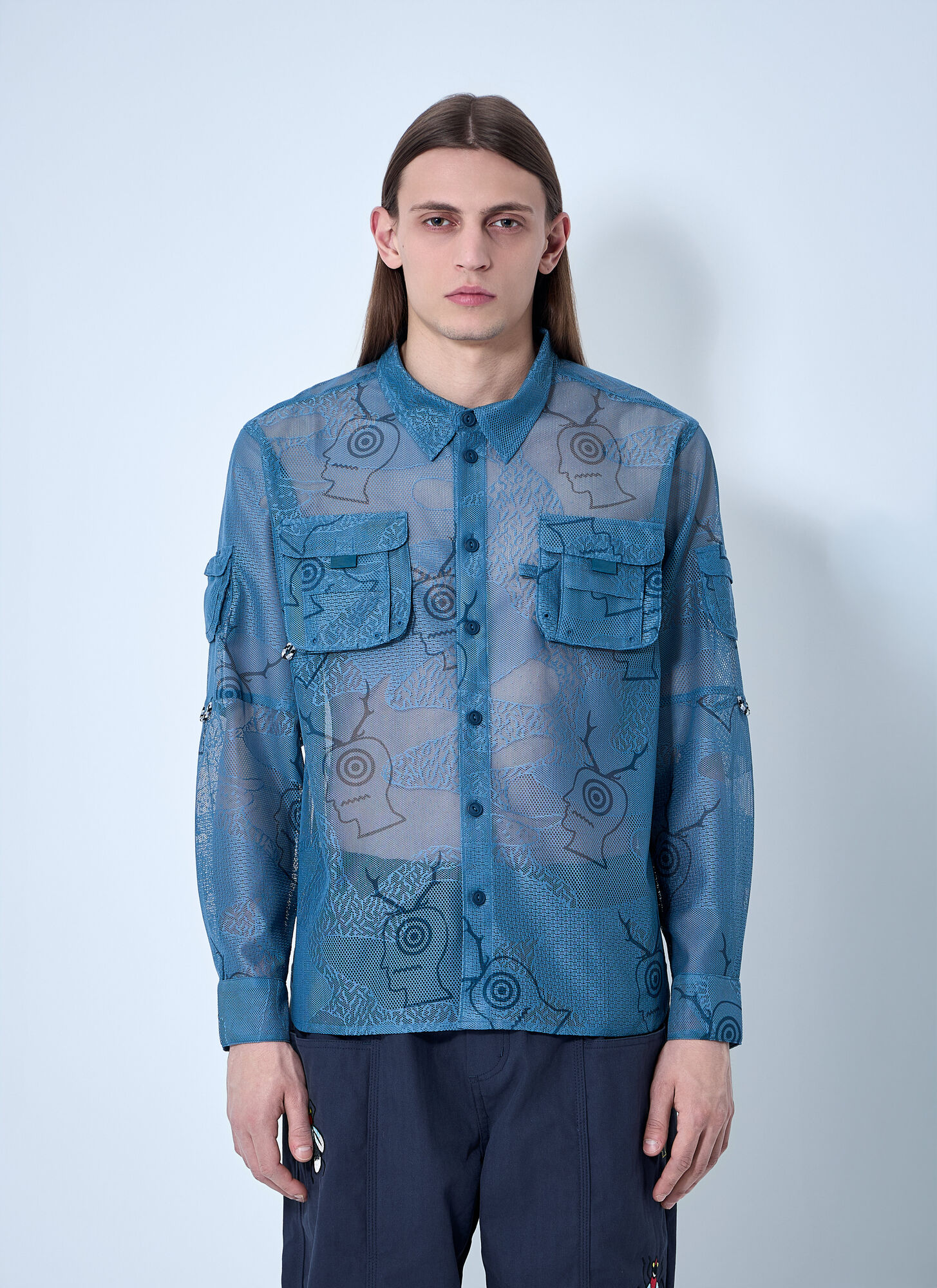 Brain Dead X South2 West8 Uomo Blu - Mesh Fishing Shirt, E, Size: M - Immagine 1