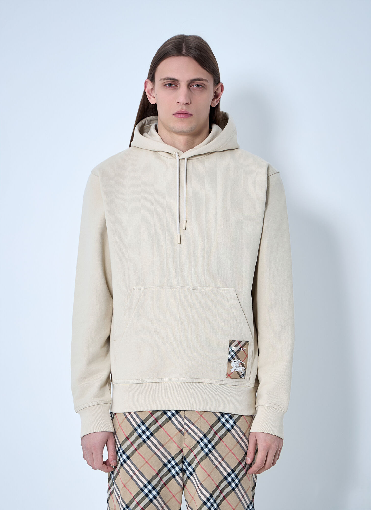 Burberry Men Logo Patch Hooded Sweatshirt In Beige