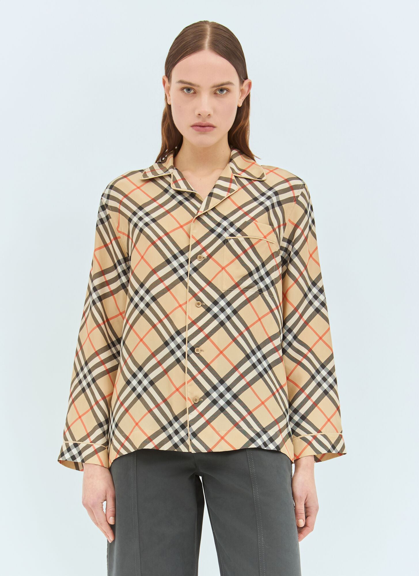 Burberry Beige Check Silk Pyjama Shirt - Woman Shirts Uk - 06 - Immagine 1