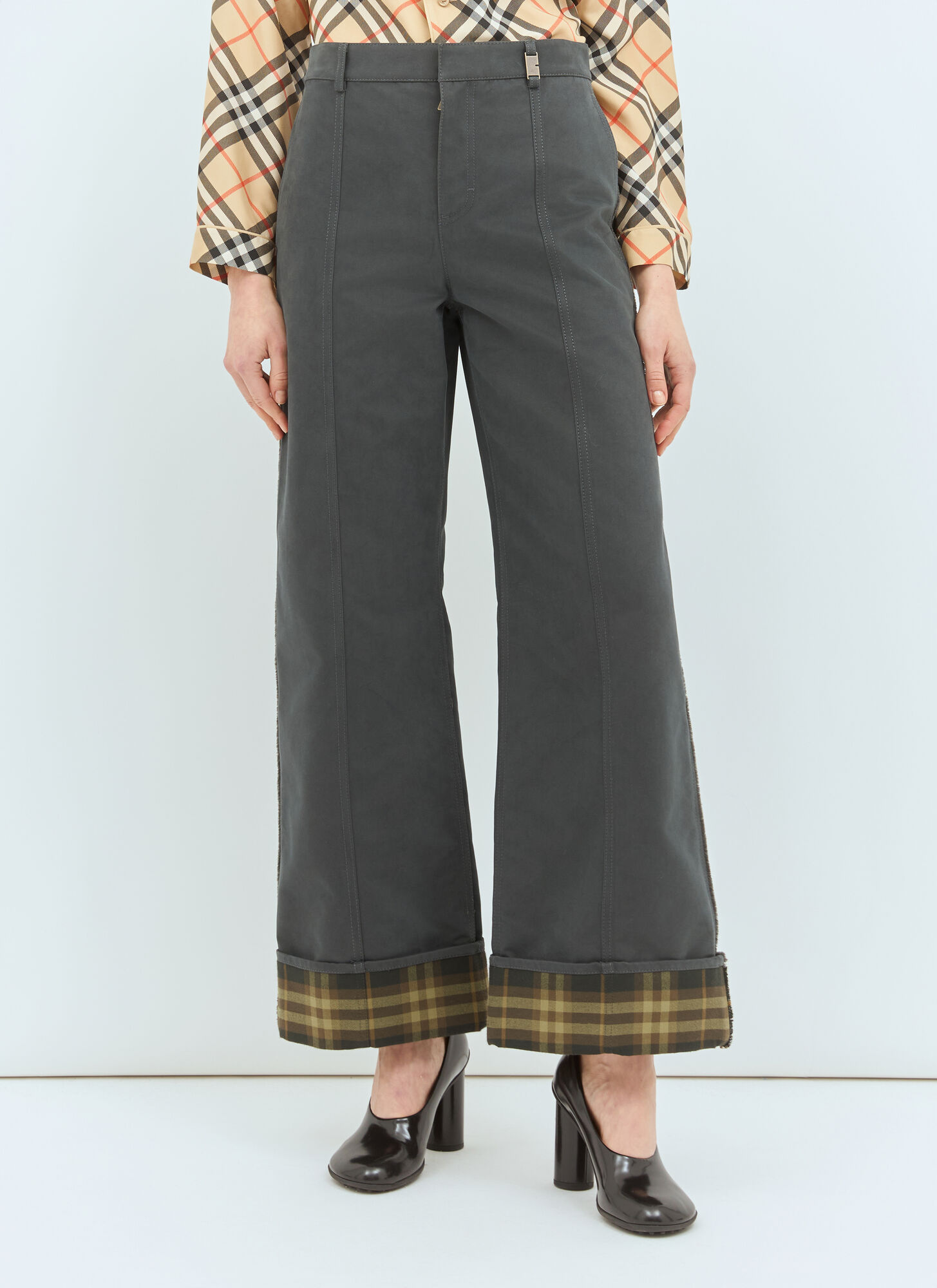 Burberry Burberry Check Cuffs Pants - Woman Pants Grey Uk - 04　バーバリー チェック カフス パンツ - 女性パンツ グレー イギリス - 04