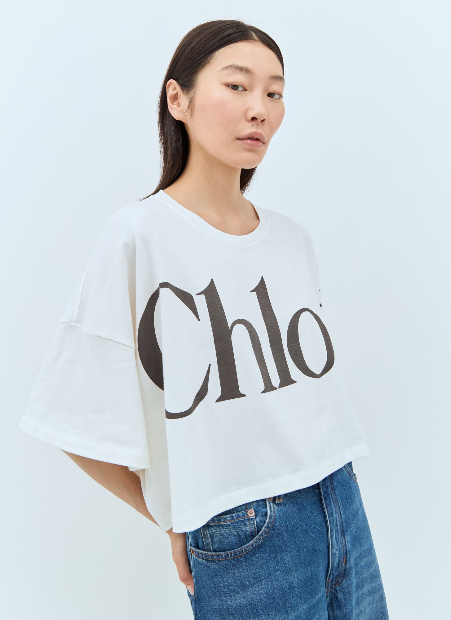Shop Chloé Cropped Boxy Logo T-shirt In White