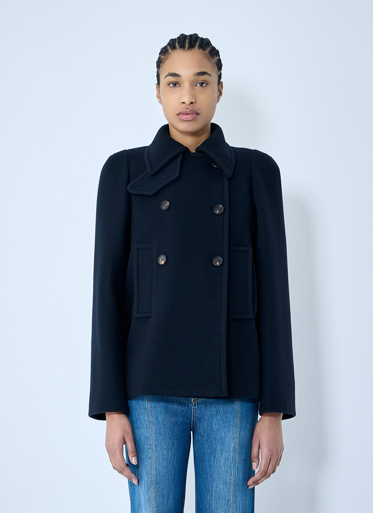 Chloé Double-breasted Wool Tailored Jacket With Patch Pockets In Blue