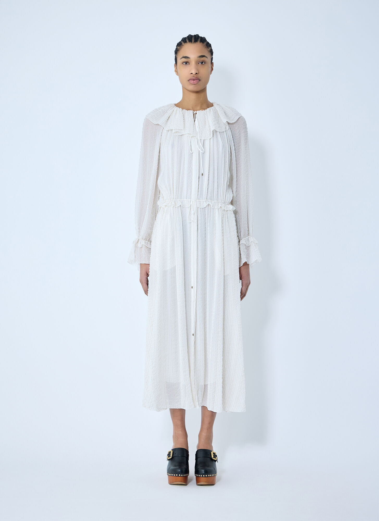 Chloé Gathered Long Dress In Silk Crêpon White Size 6 100% Silk, Pinctada Maxima, Farmed, Coo Australia In White