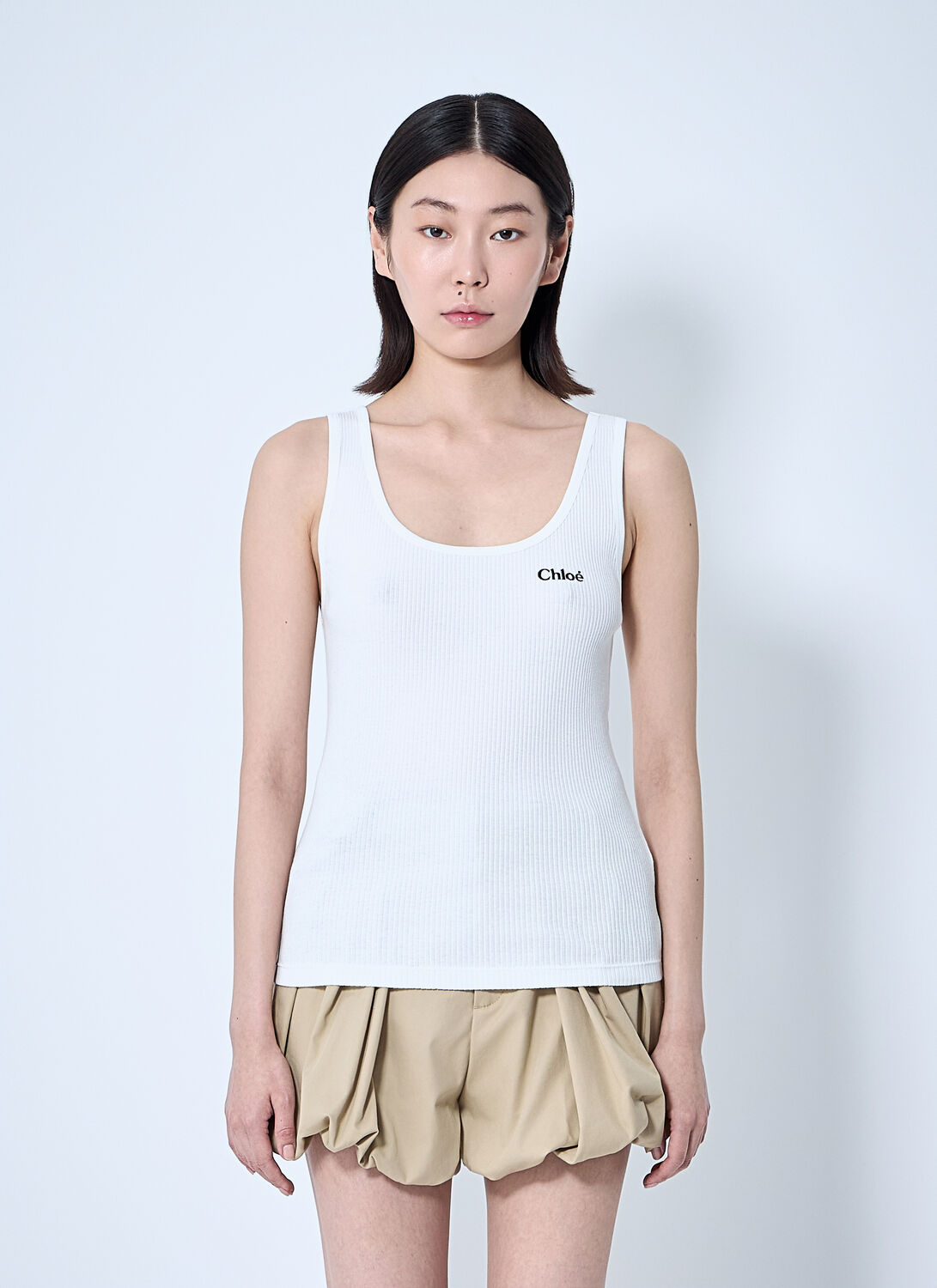 Chloé Logo-Embroidered Ribbed Cotton Tank Top — White