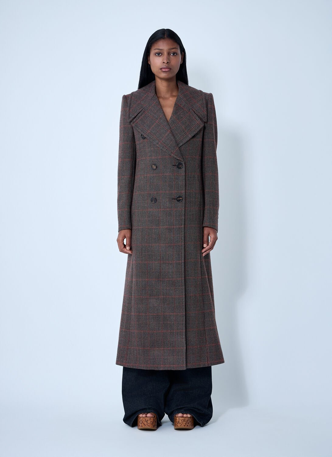 Chloé Double-breasted Check Wool Coat In Brown