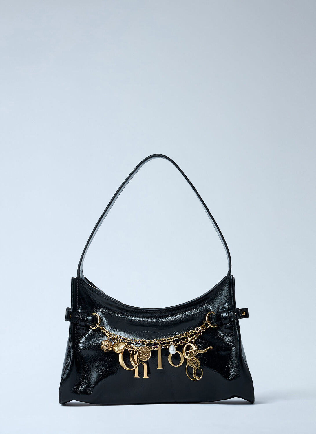 Chloé Logo Charm Hobo Bag In Shiny Leather In Black