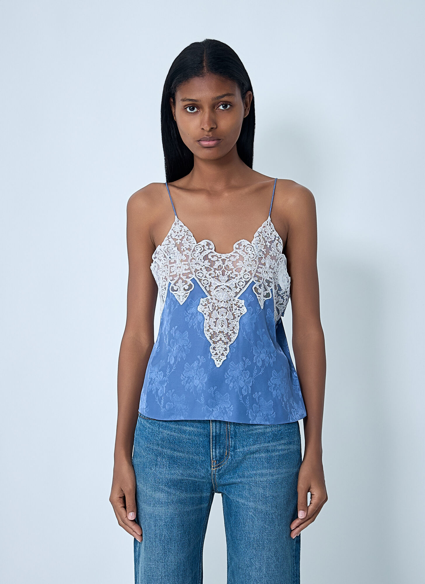 Chloé Silk Jacquard And Lace Camisole Top In Blue