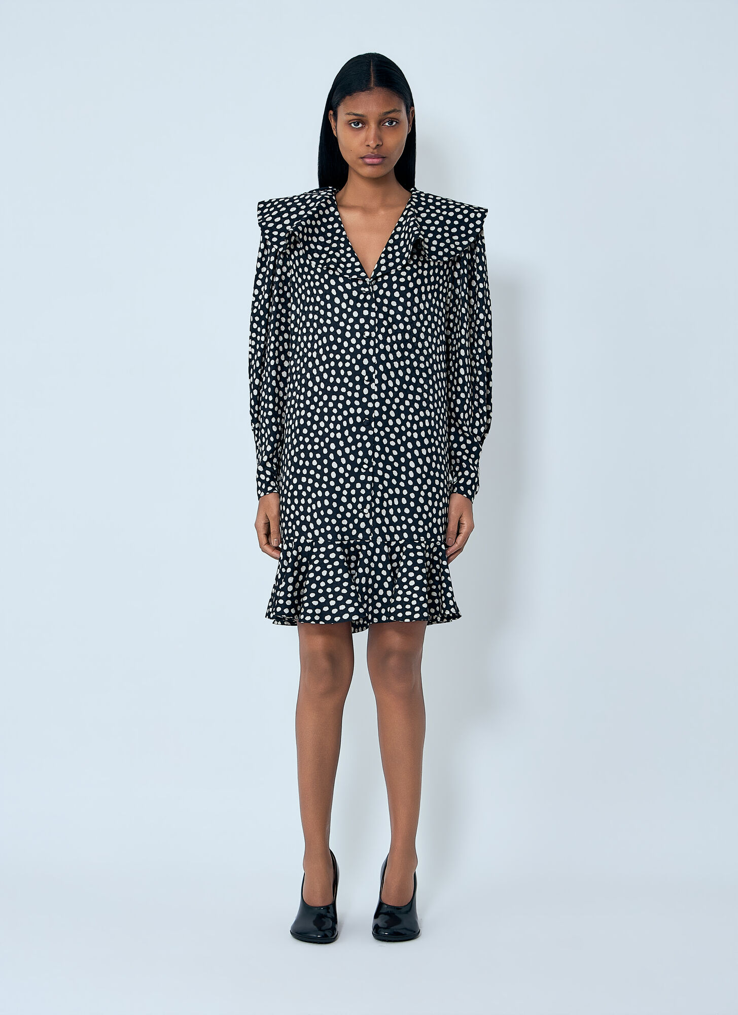 Chloé , Shirt Dresses, Female, Black, Xs, Ruffled Polka-Dot Silk-Jacquard Mini Dress - Image 3