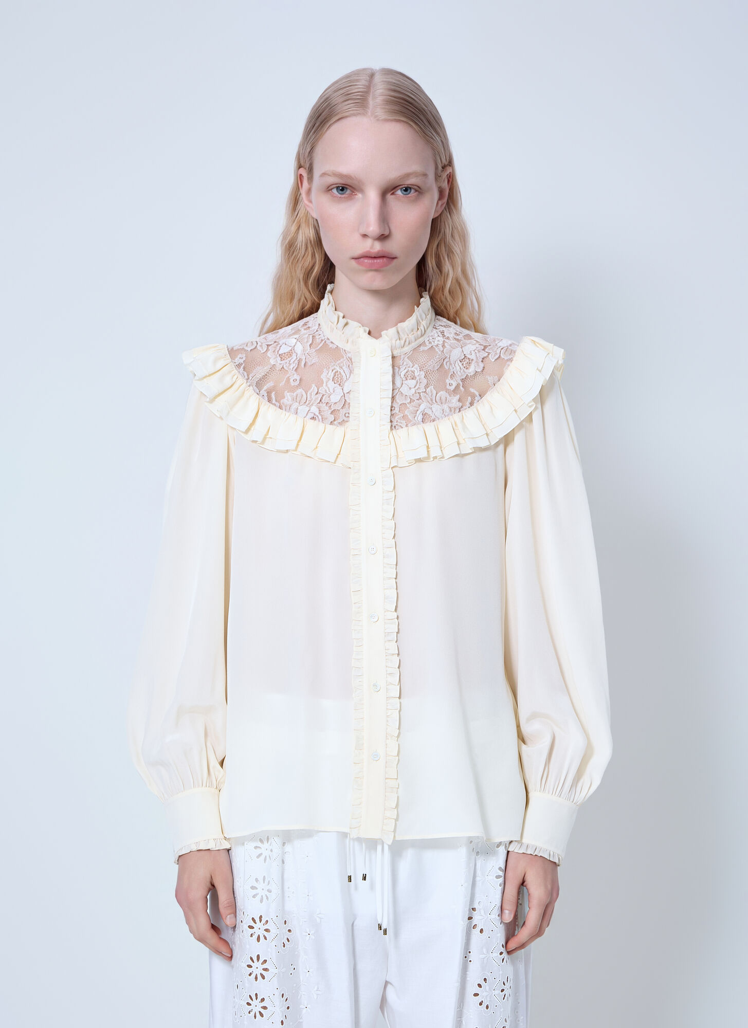 Chloé Donna Beige Ruched And Lace Detail Shirt - Woman Shirts Fr - 38 - Immagine 1