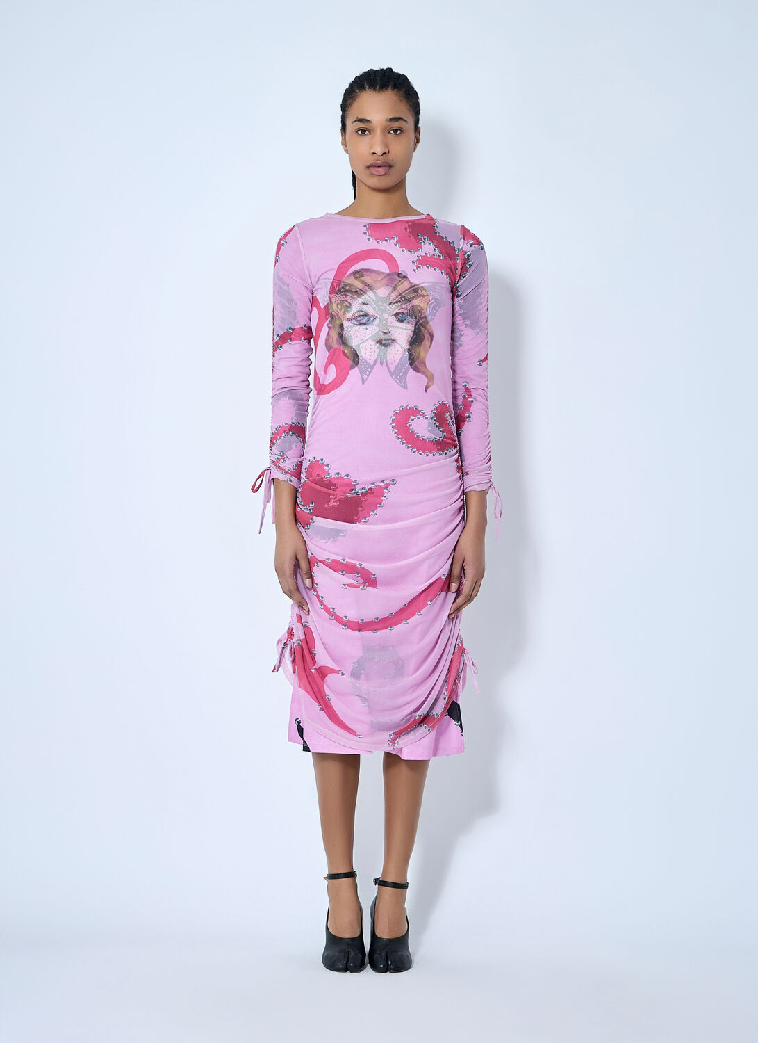 Chopova Lowena Ruched Printed Mesh Dress In Pink
