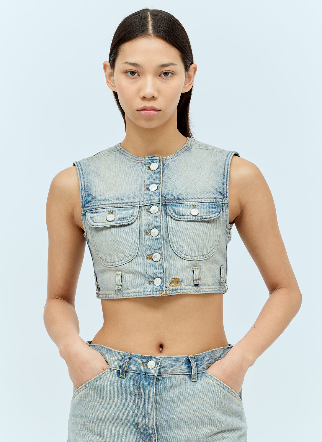 Courrges Denim Crop Vest - Woman Tops Blue Fr - 36