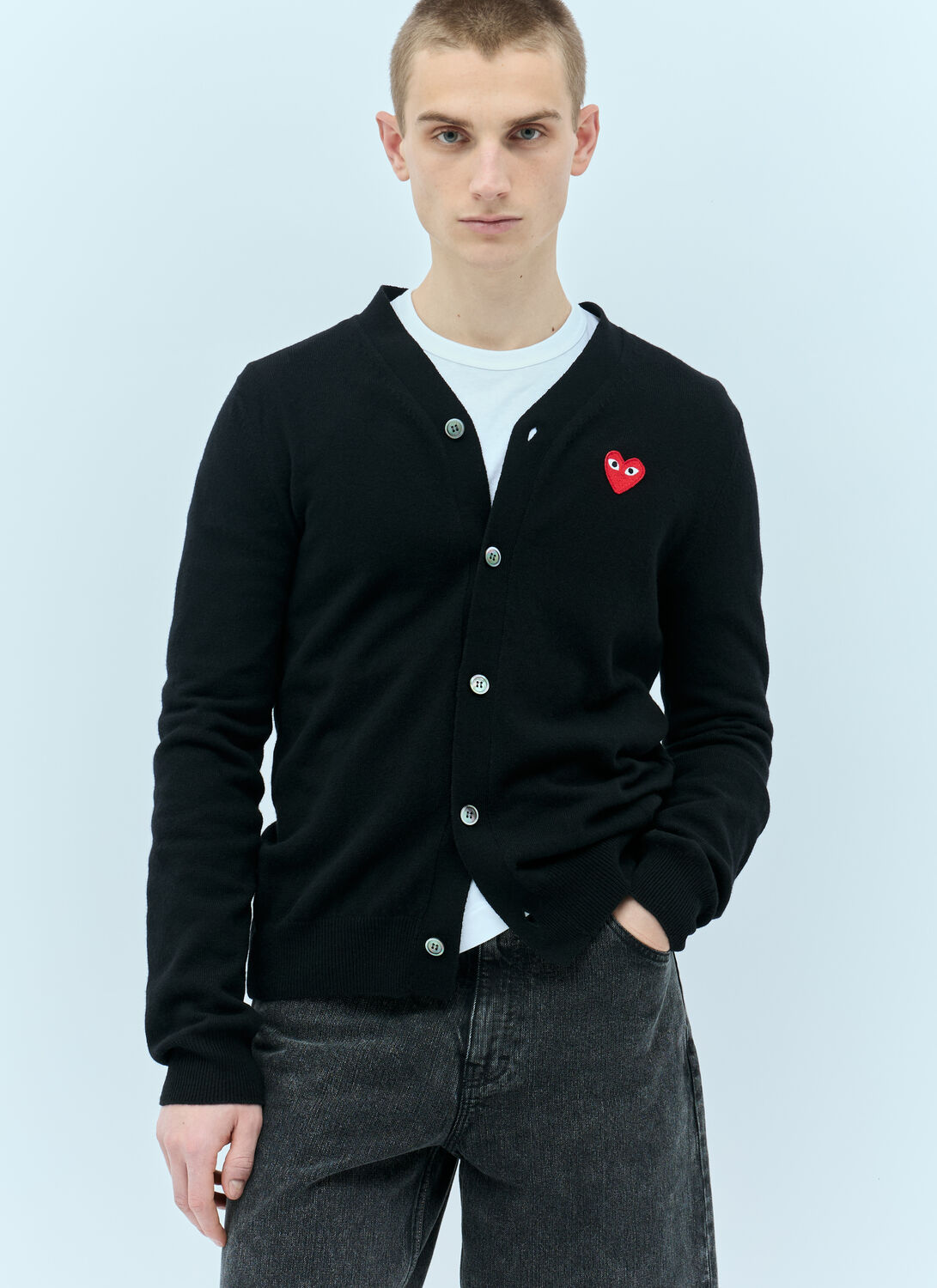 Comme Des Garçons Play Mens Cardigan Knit Black Wool Cardigan With Pixel Heart Patch. In Black