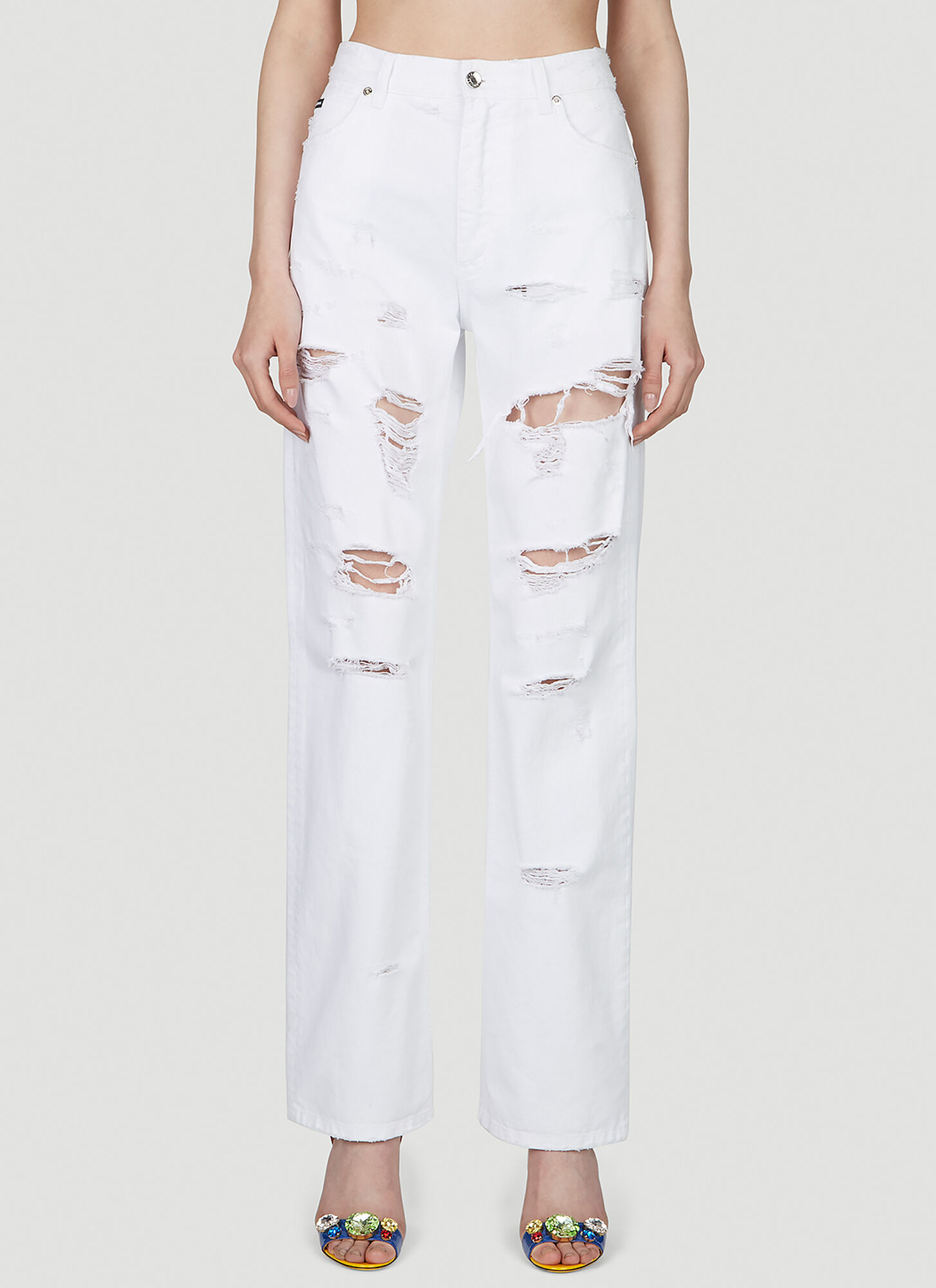 Dolce & Gabbana Women's White Logo Plaque Distressed Jeans - Woman Jeans It - 38