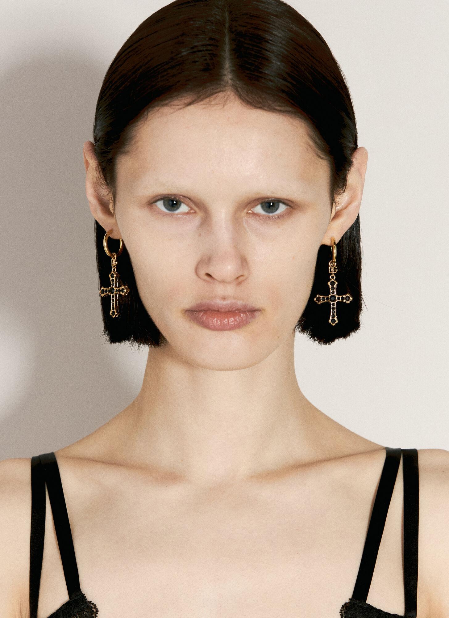 Dolce & Gabbana Creole Earrings With Rhinestone Crosses In Black