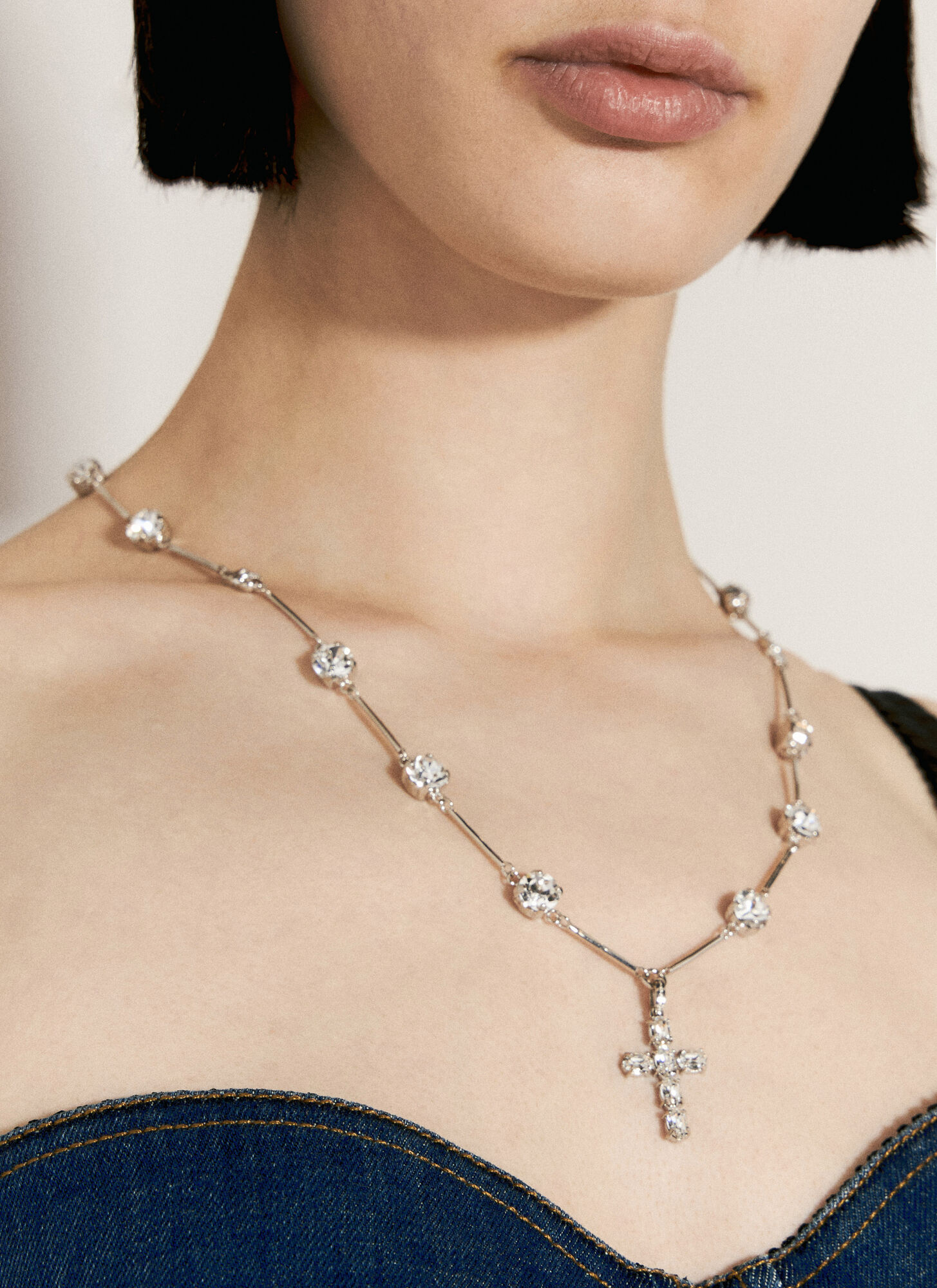 Shop Dolce & Gabbana Roseary-style Necklace With Rhinestone Crosses In Black