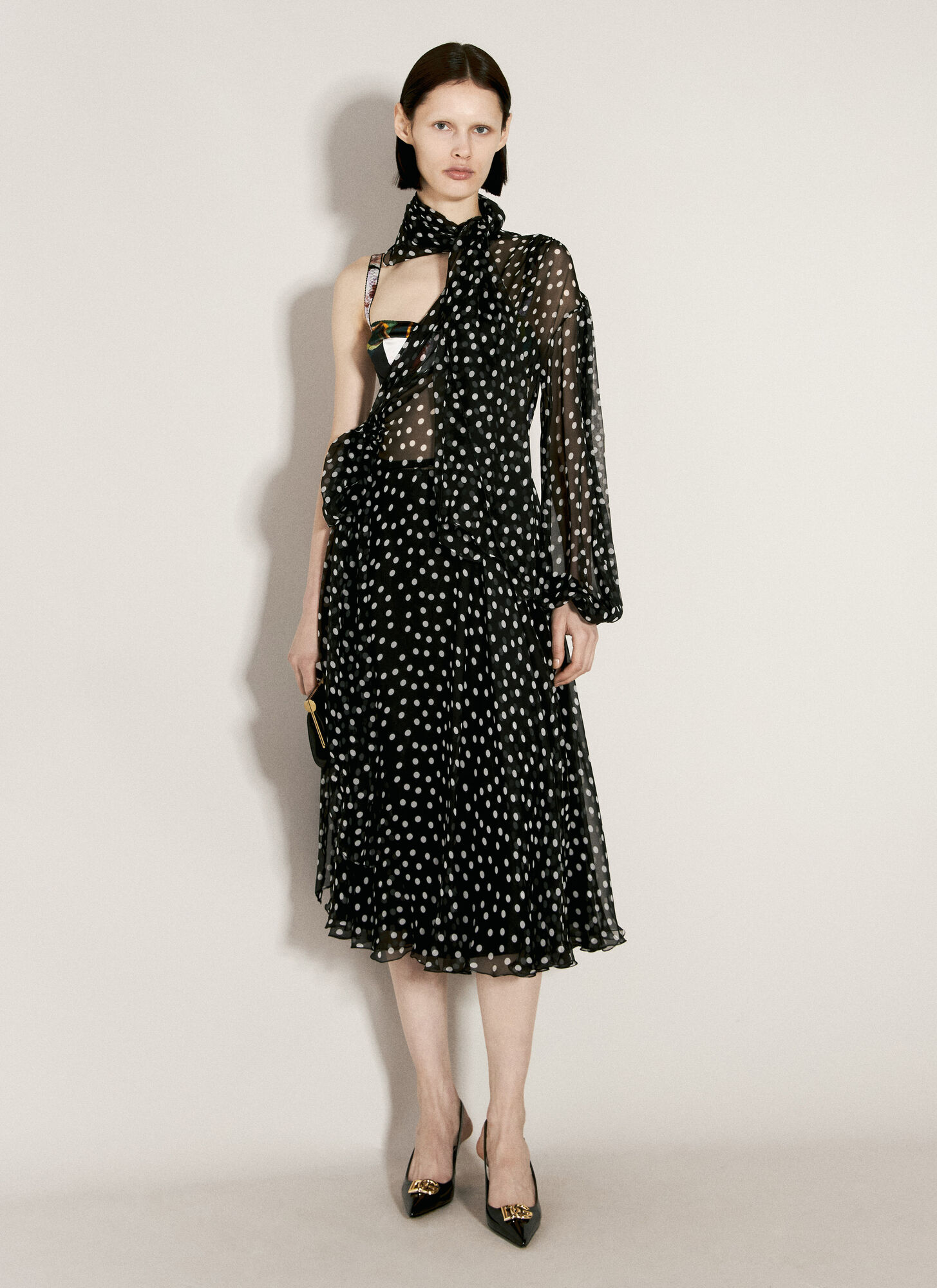 Shop Dolce & Gabbana Polka-dot One-shoulder Chiffon Dress In Black
