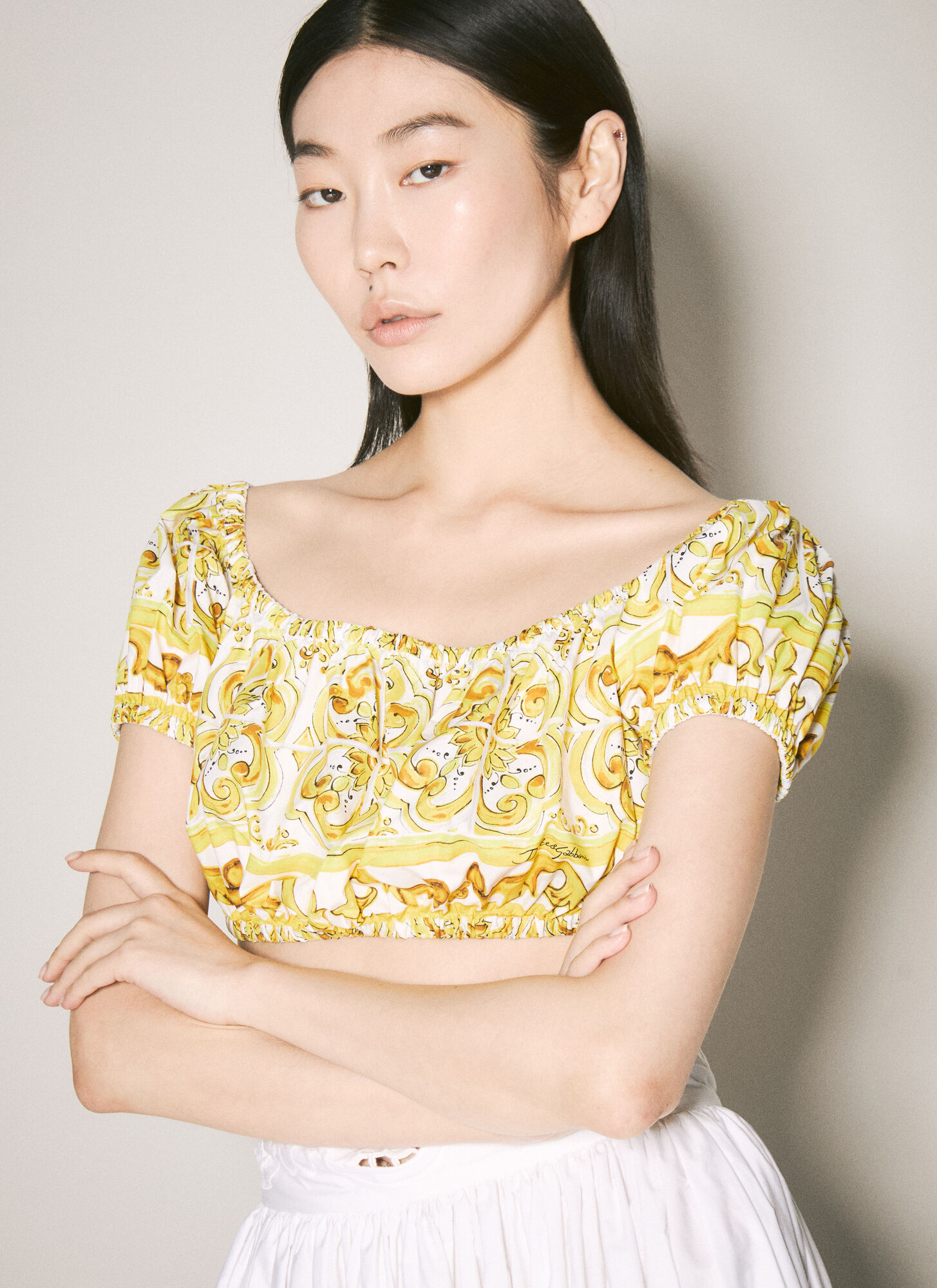 Dolce & Gabbana Women's Yellow Majolica Print Crop Top - Woman Tops It - 38