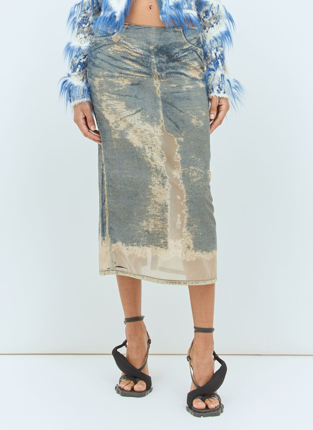 Diesel Midi Skirt In Floating Devoré Denim In Blue