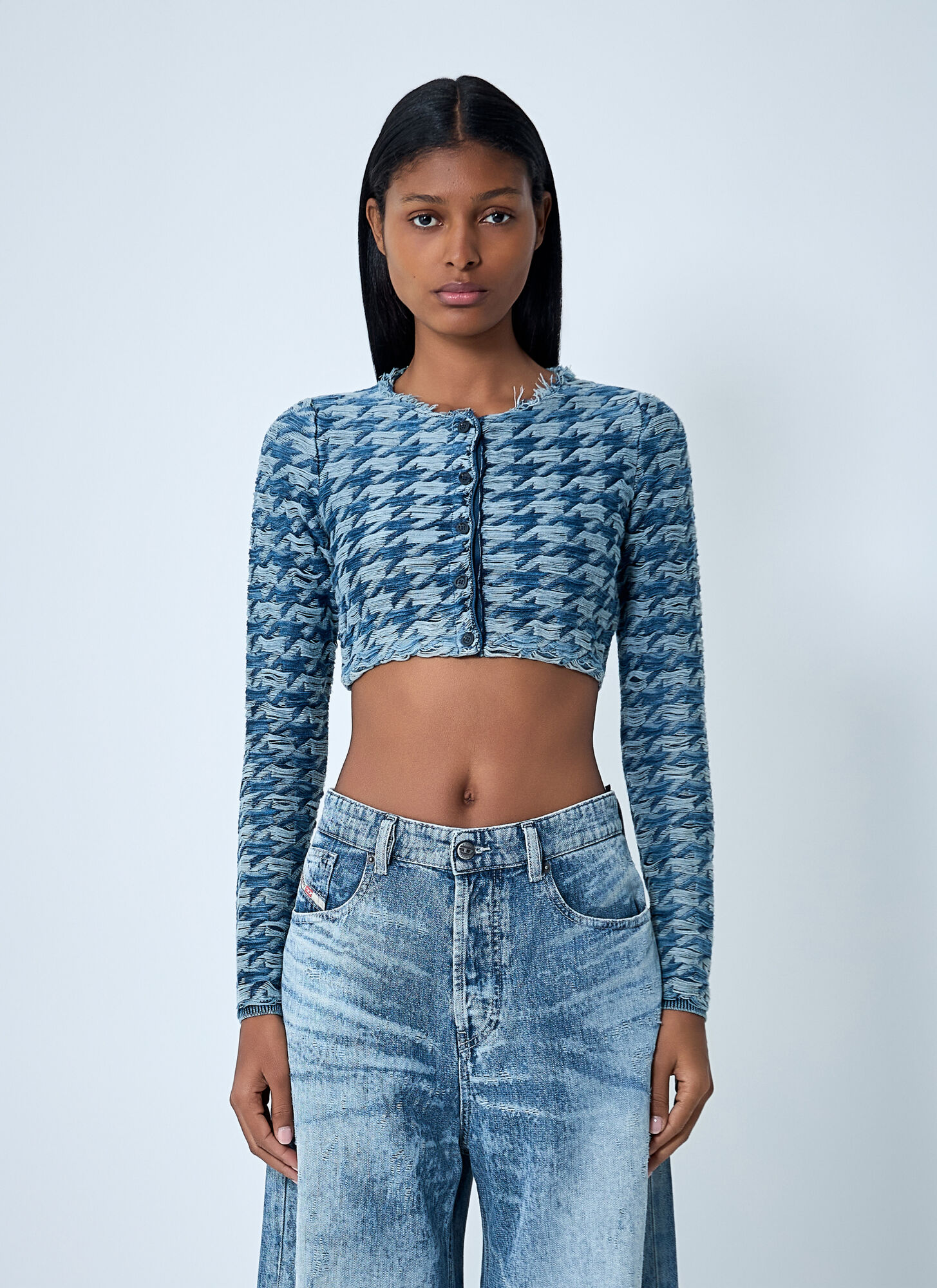 Diesel Long Sleeve Cropped Houndstooth Top In Blue