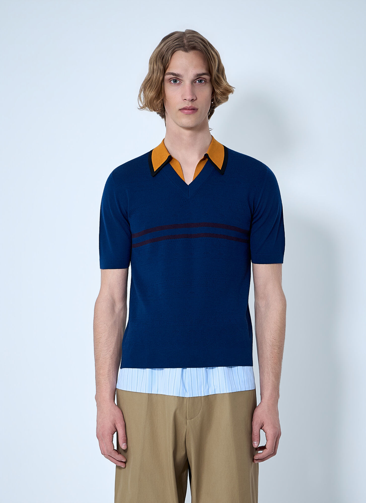 Dries Van Noten V-neck Contrast Collar Knit Polo Shirt - Man Polo Shirts Blue S　Dries Van Noten V ネック コントラスト カラー ニット ポロ シャツ - メンズ ポロシャツ ブルー S Dries