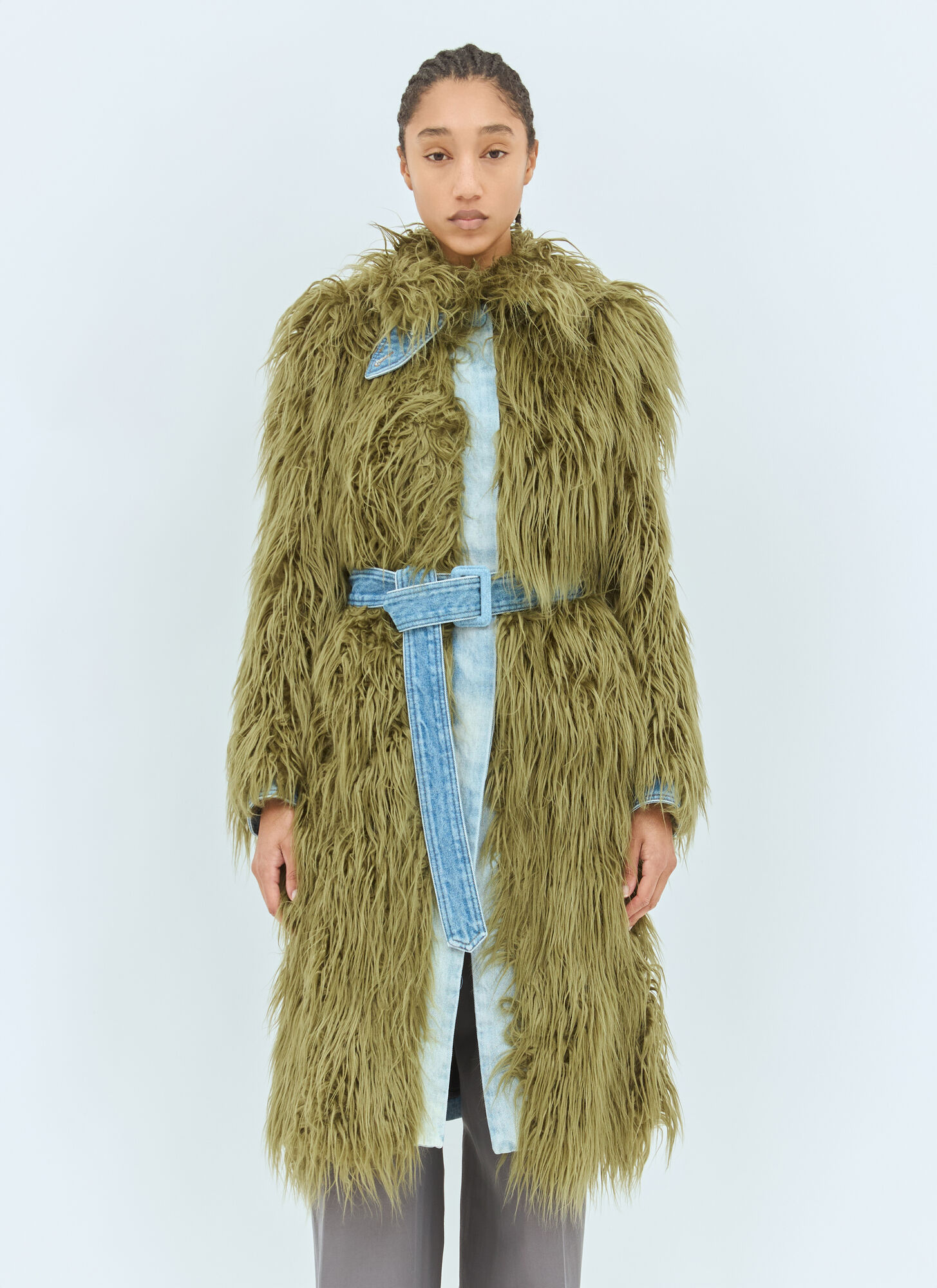 Dries Van Noten Rangel Faux Fur-trimmed Denim Coat In Green