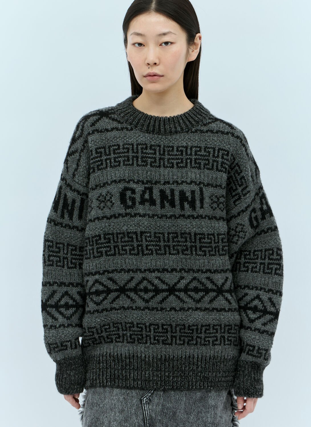 Ganni Logo Jacquard Wool Sweater In Black