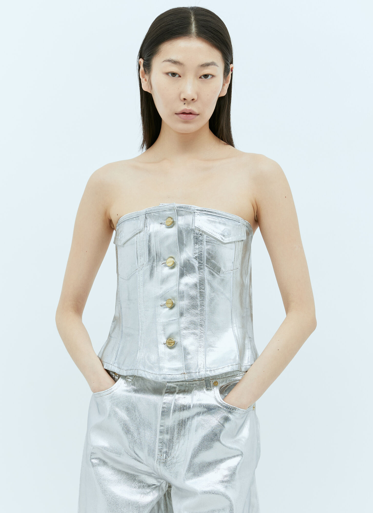 GANNI Foil Denim Corsage - Woman Tops Silver Eu - 36　GANNI フォイル デニム コサージュ - 女性トップス シルバー Eu - 36 GANNI