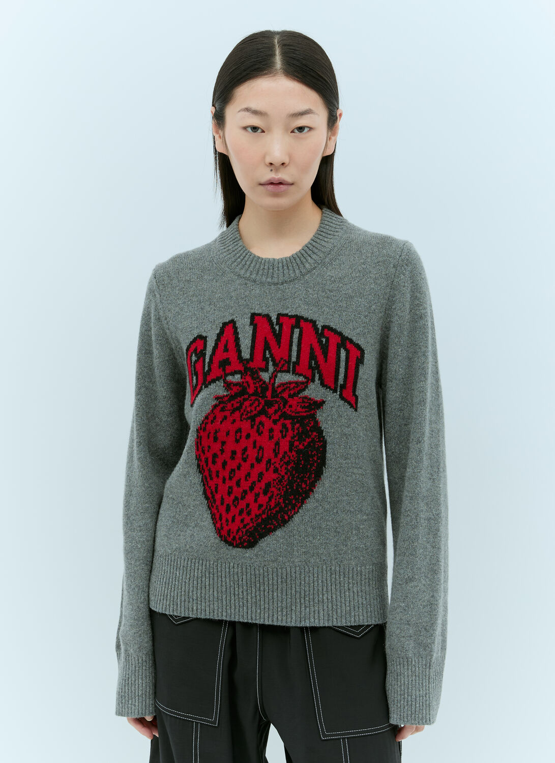 Shop Ganni Graphic Strawberry O-neck Sweater In Grey