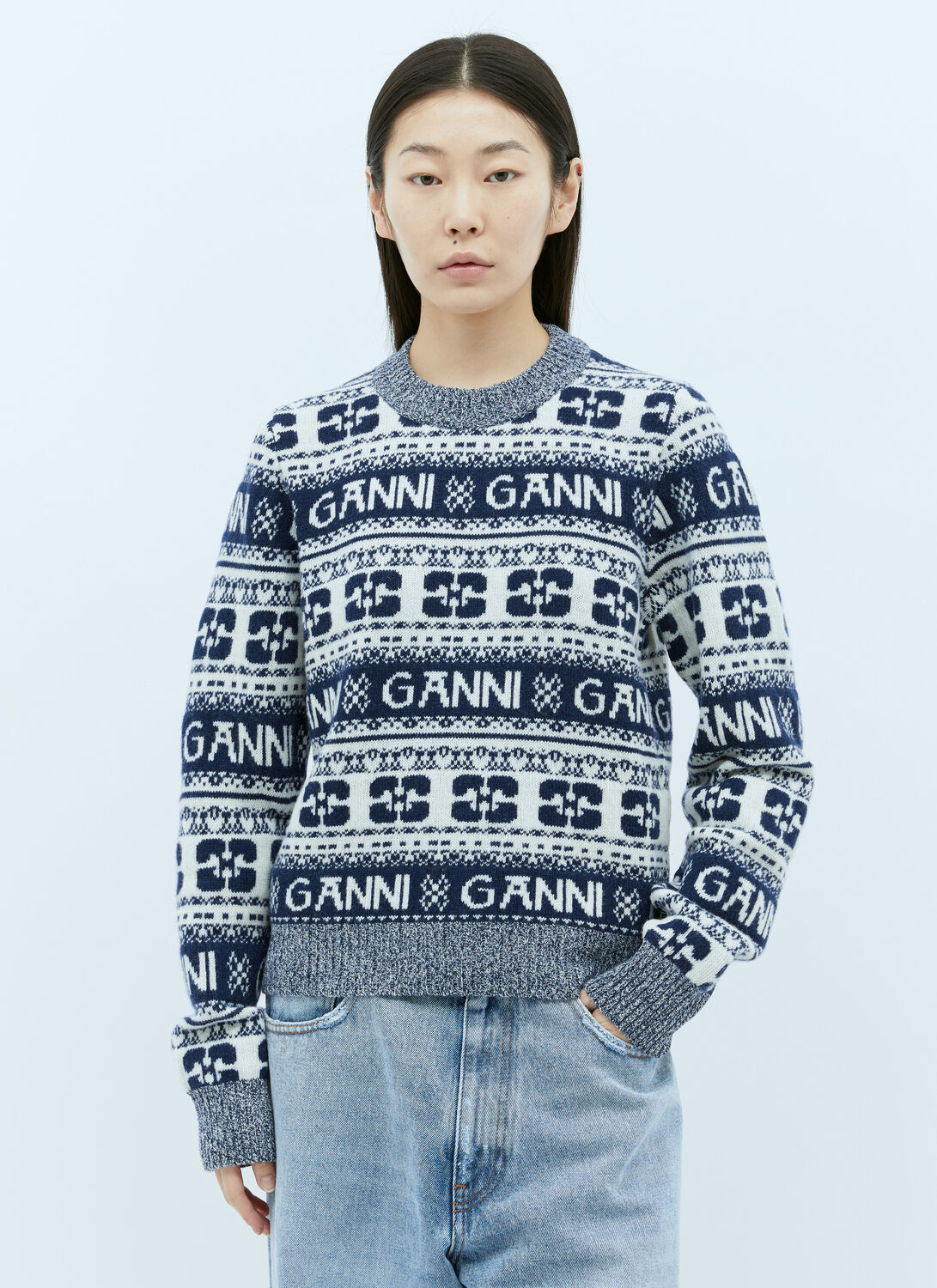 Shop Ganni Logo Jacquard Wool Sweater In Blue