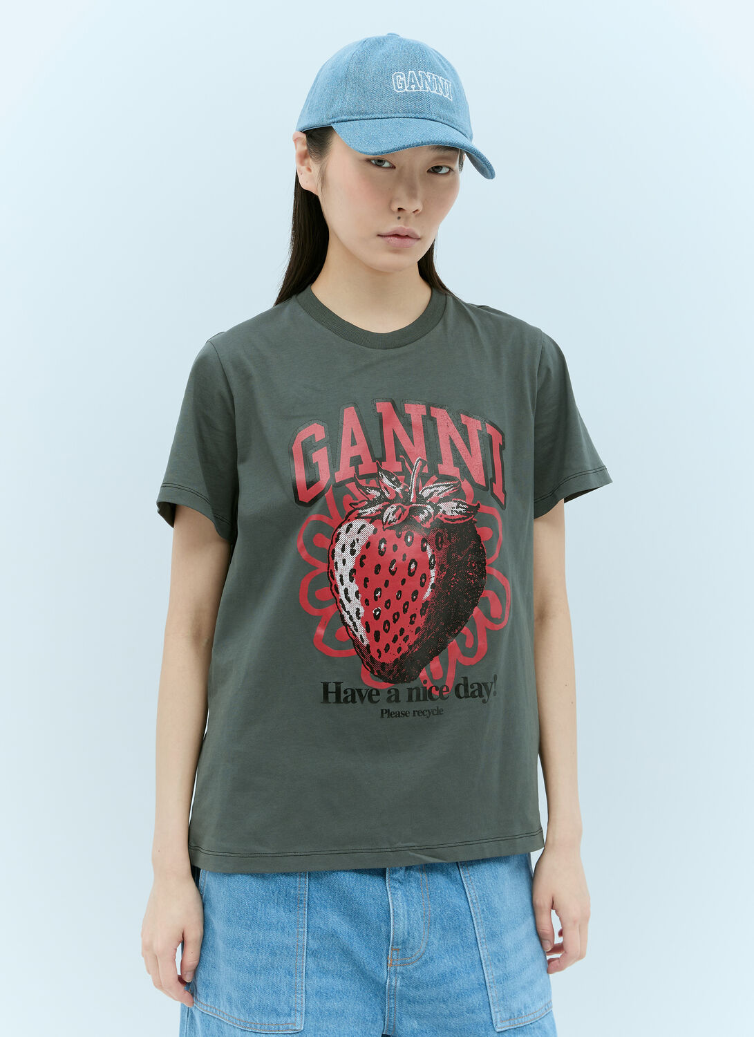 Shop Ganni Strawberry T-shirt In Grey