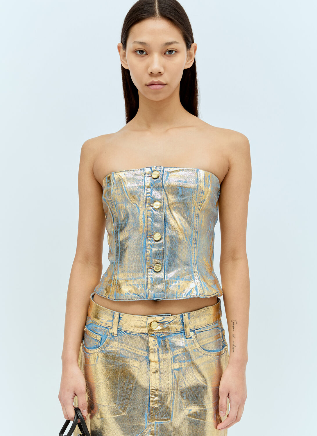 Ganni Bustier Top In Foil Denim In Gold