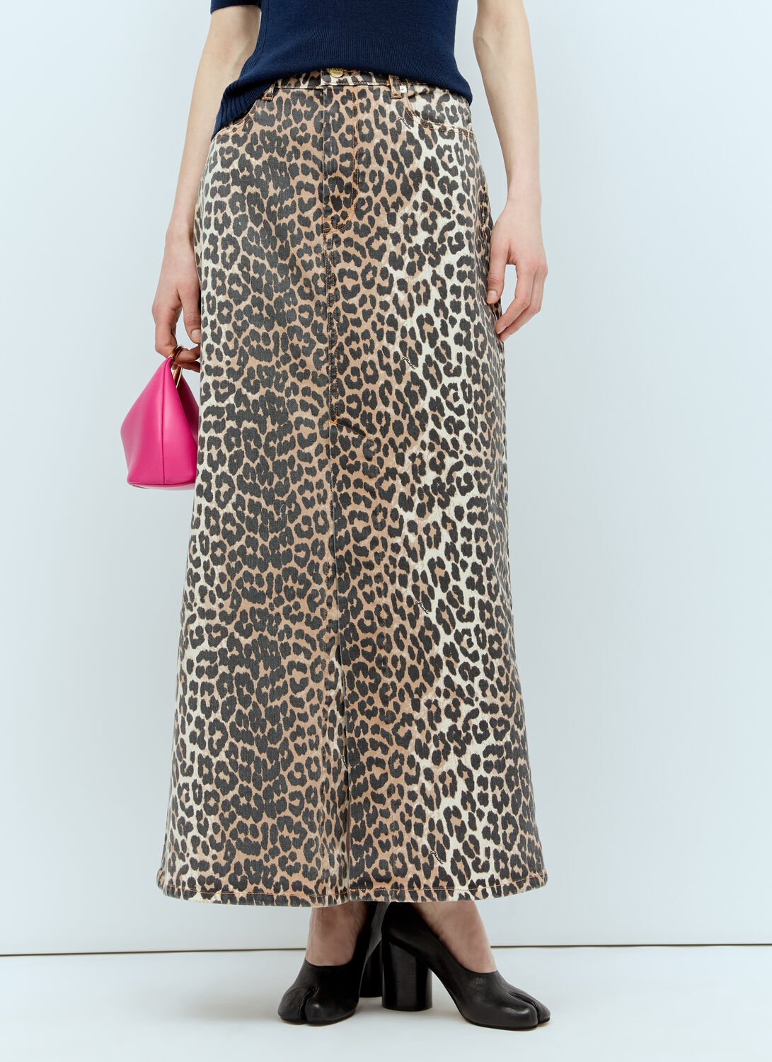 Shop Ganni Leopard Denim Maxi Skirt In Brown