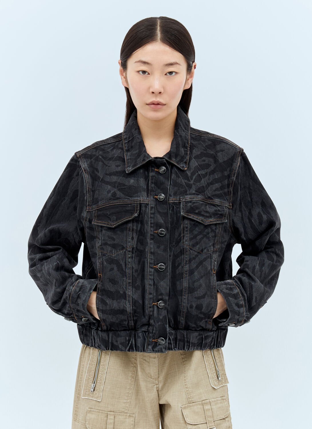 Ganni Animal Motif Denim Cropped Jacket In Black