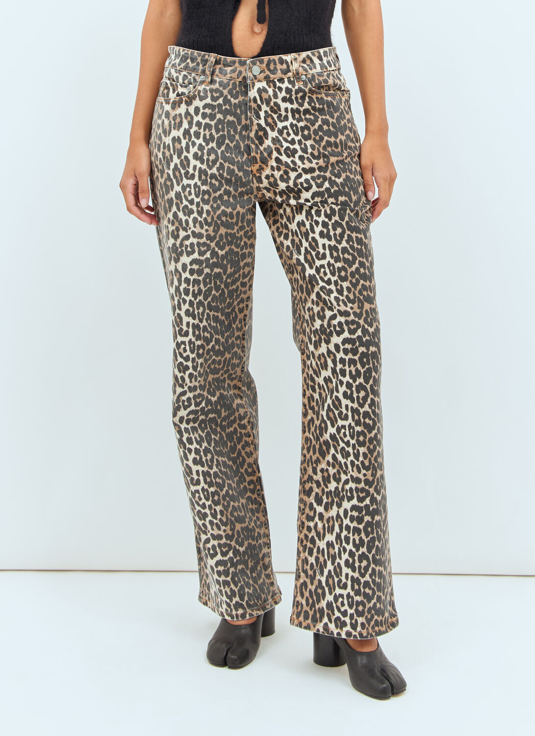 Ganni Wide-leg Animal Print High-rise Jeans With Belt Loops In Gray