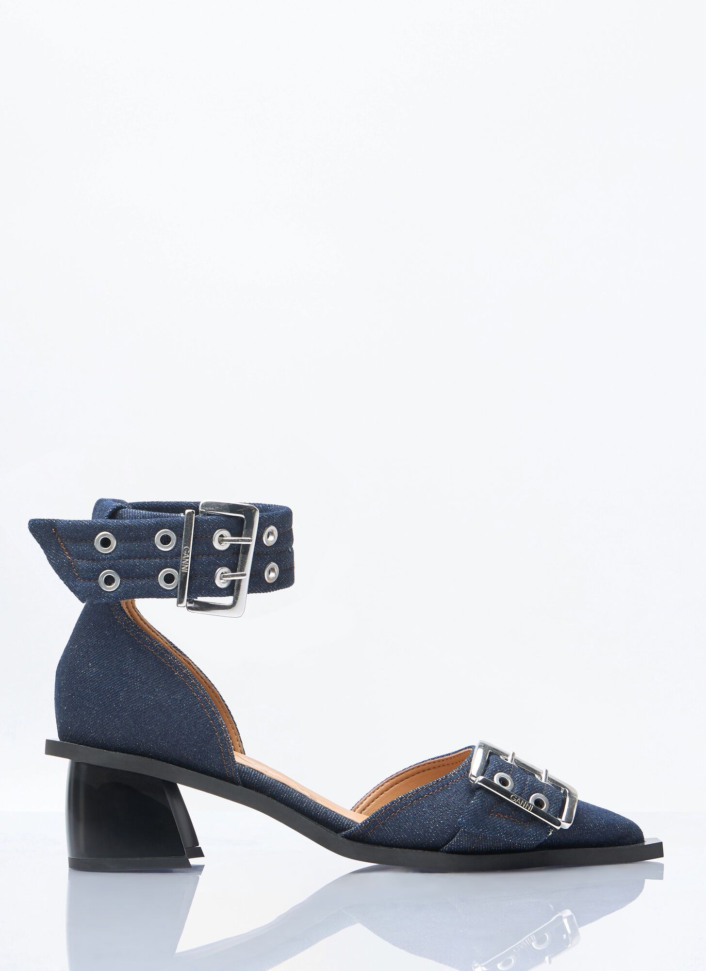 Ganni Feminine Buckle Open Cut Pumps In Navy
