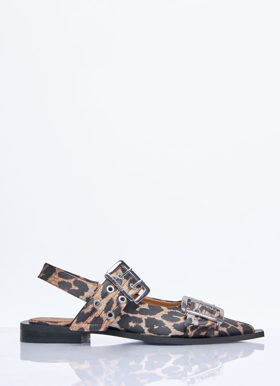 Ganni Multicolor Ballet Shoes With Double Buckle And All-over Leopard Print In Tech Fabric Woman In Brown