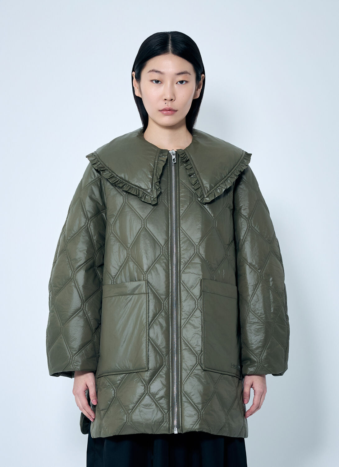 Ganni Lightweight Down Jacket With Oversized Collar In Green