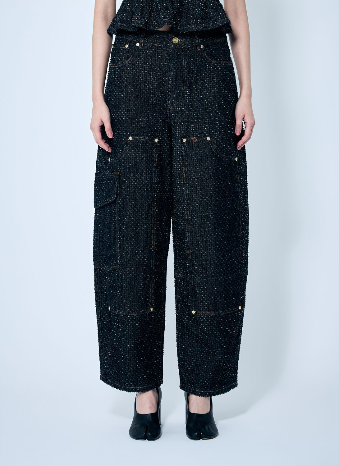Shop Ganni Fluffy Denim Carpenter Jeans In Black
