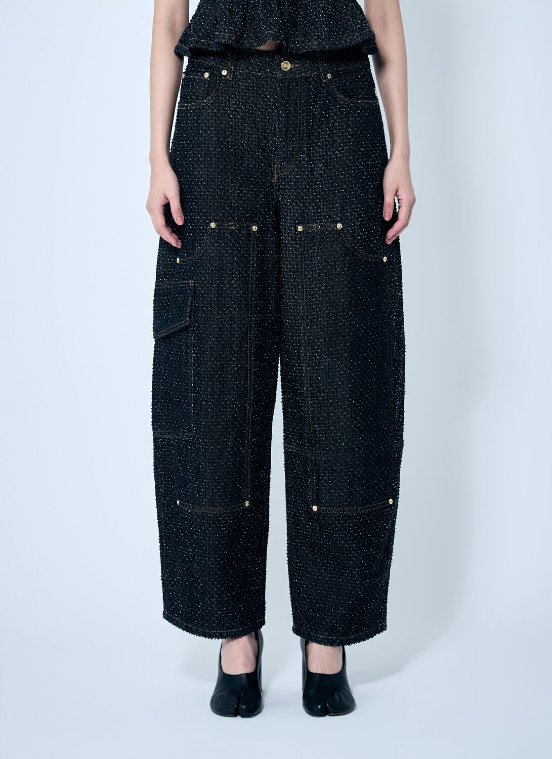 Shop Ganni Fluffy Denim Carpenter Jeans In Black
