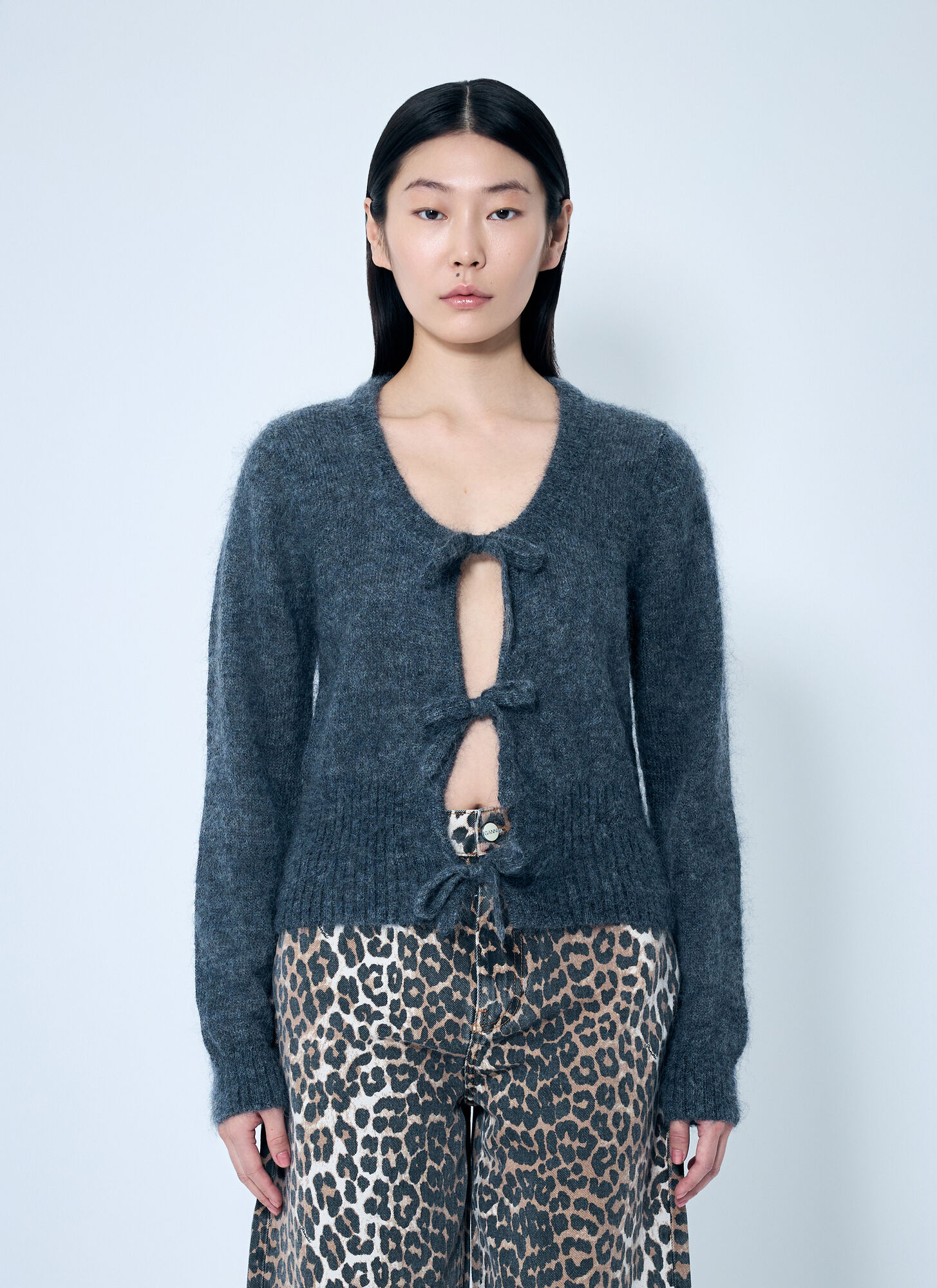 GANNI Light Mohair Tie-string Cardigan - Woman Knitwear Grey L　GANNI ライトモヘア タイストリング カーディガン - 女性ニットウェア グレー L GANNI