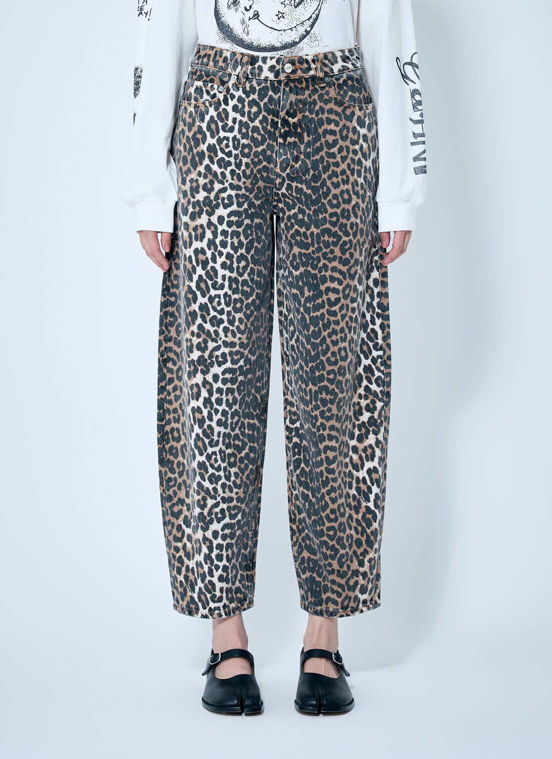Ganni Organic Denim Leopard Izey Straight Jeans In Animal Print