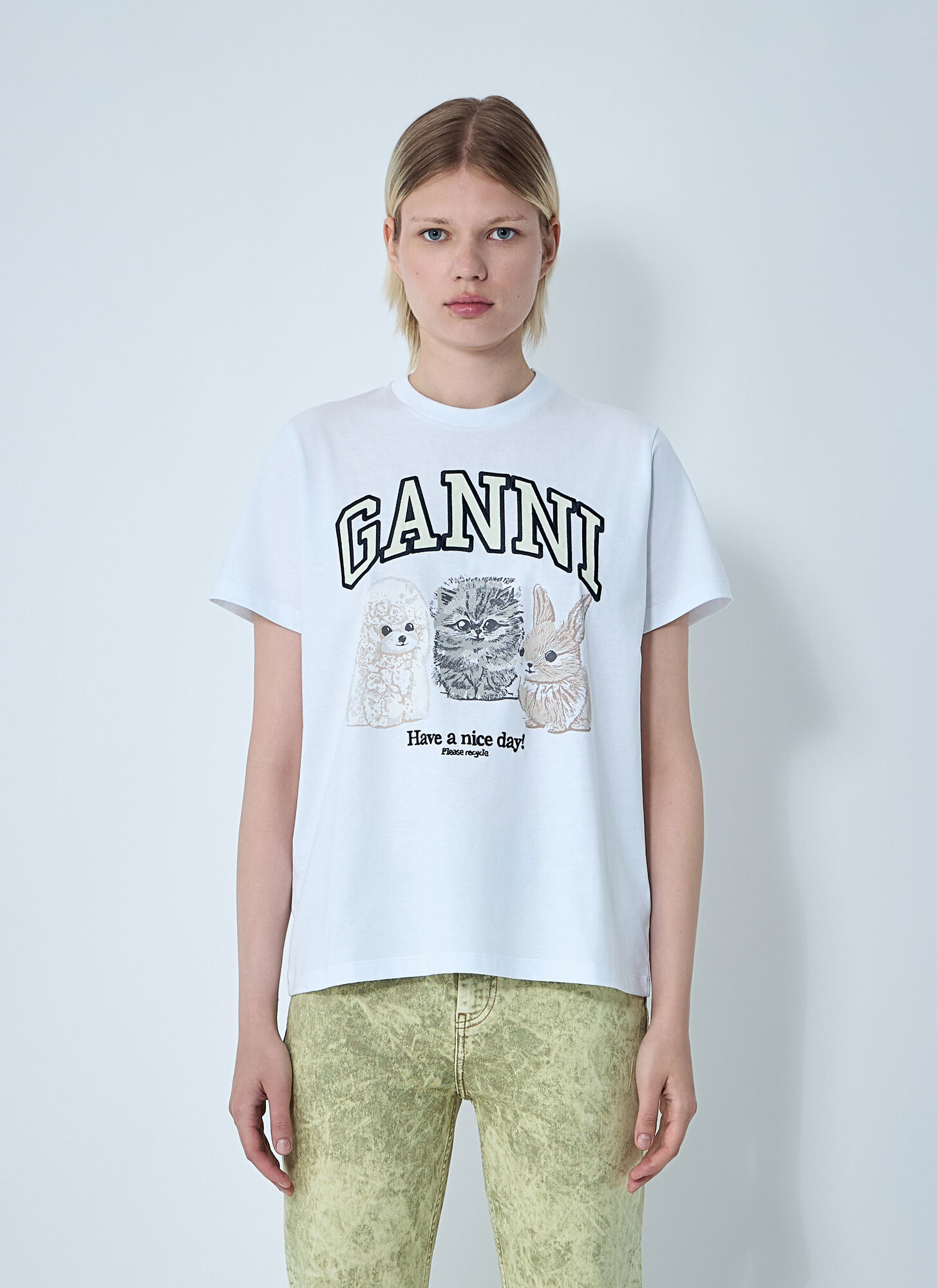 Ganni Light Blue Crewneck T-shirt With Maxi Logo On The Front