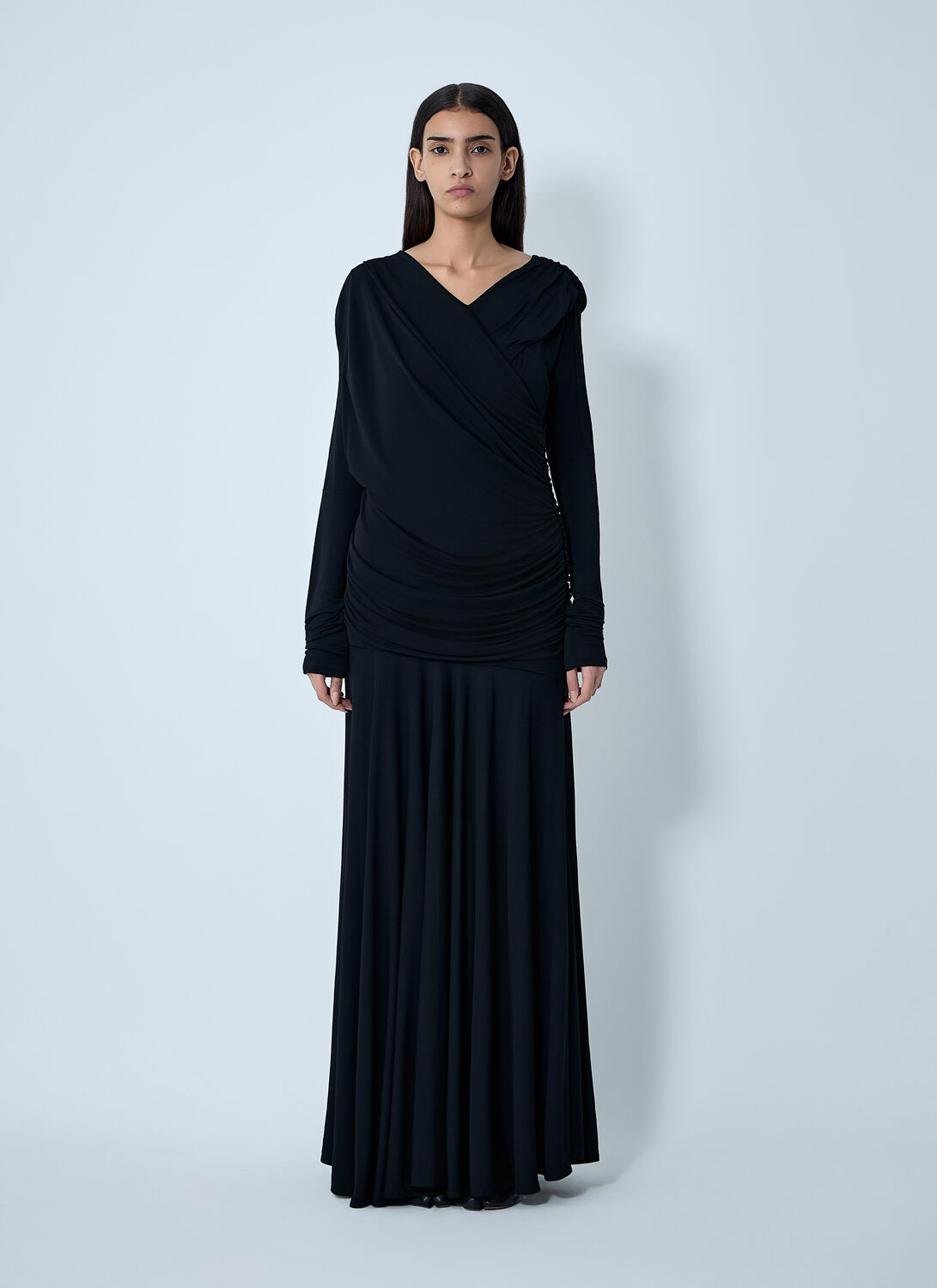 Ganni Interlock Jersey Crossover Ruched Long Dress Dresses Black In Black
