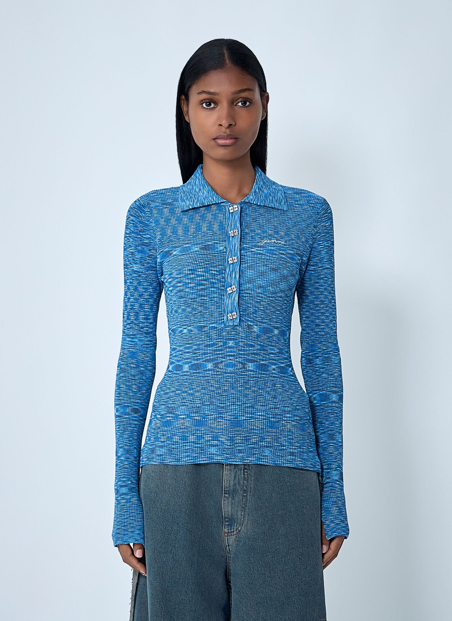 Ganni Spacedyed Logo-button Polo Top In Blue