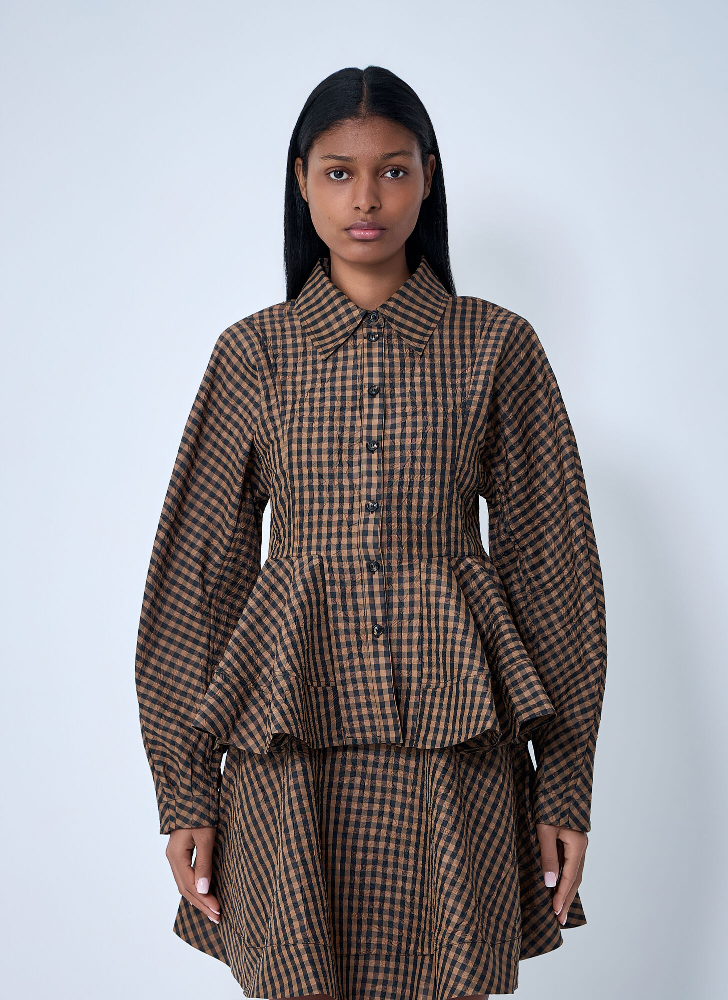 GANNI Crinkle Peplum Shirt - Woman Shirts Brown Fr - 36　GANNI クリンクル ペプラム シャツ - 女性シャツ ブラウン Fr - 36 GANNI