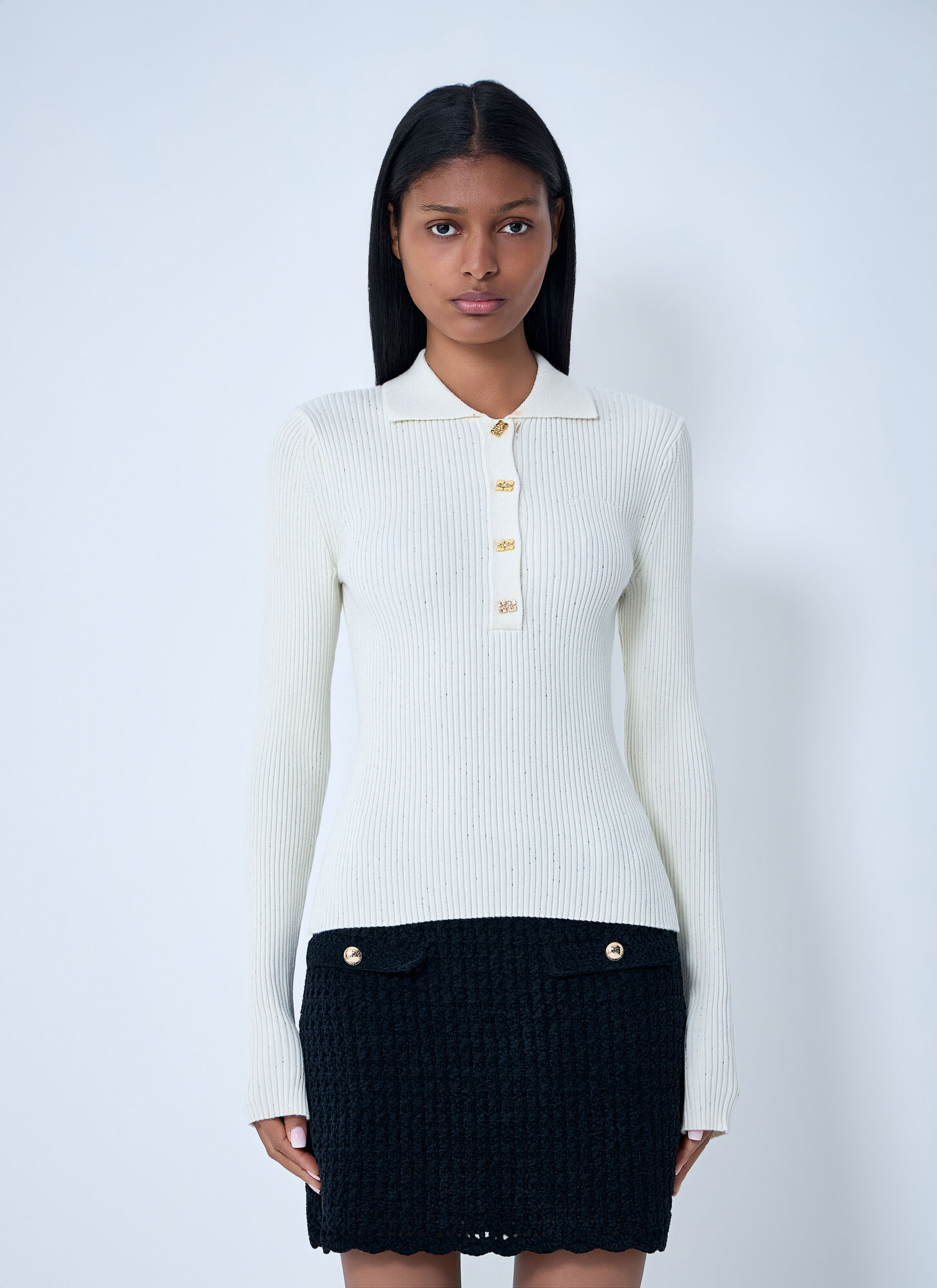 GANNI Sequin Polo Sweater - Woman Tops Cream Xs　GANNI スパンコール ポロ セーター - 女性 トップス クリーム Xs GANNI