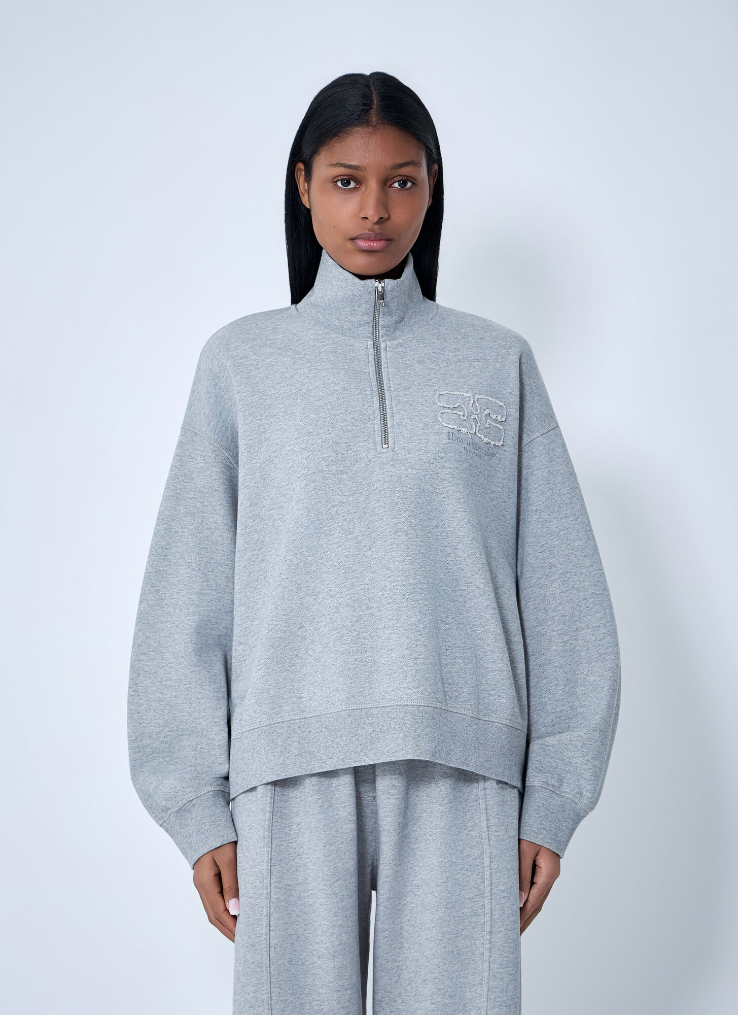 GANNI Half-zip Sweatshirt - Woman Sweatshirts Grey Xs　GANNI ハーフジップ スウェットシャツ - 女性 スウェットシャツ グレー Xs GANNI