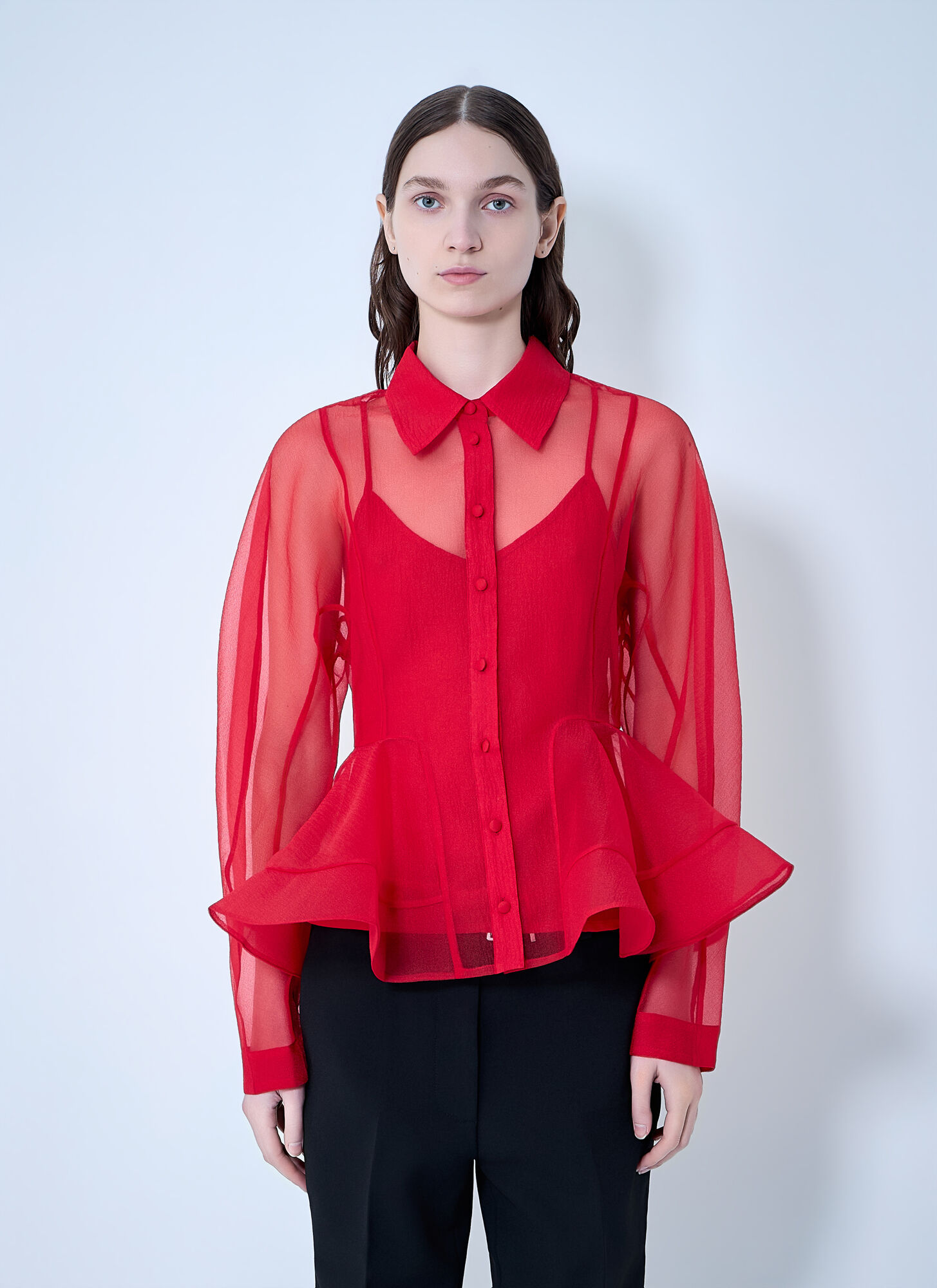 GANNI Textured Organza Peplum Shirt - Woman Shirts Red Fr - 34　GANNI テクスチャード オーガンザ ペプラム シャツ - 女性シャツ レッド Fr - 34 GANNI