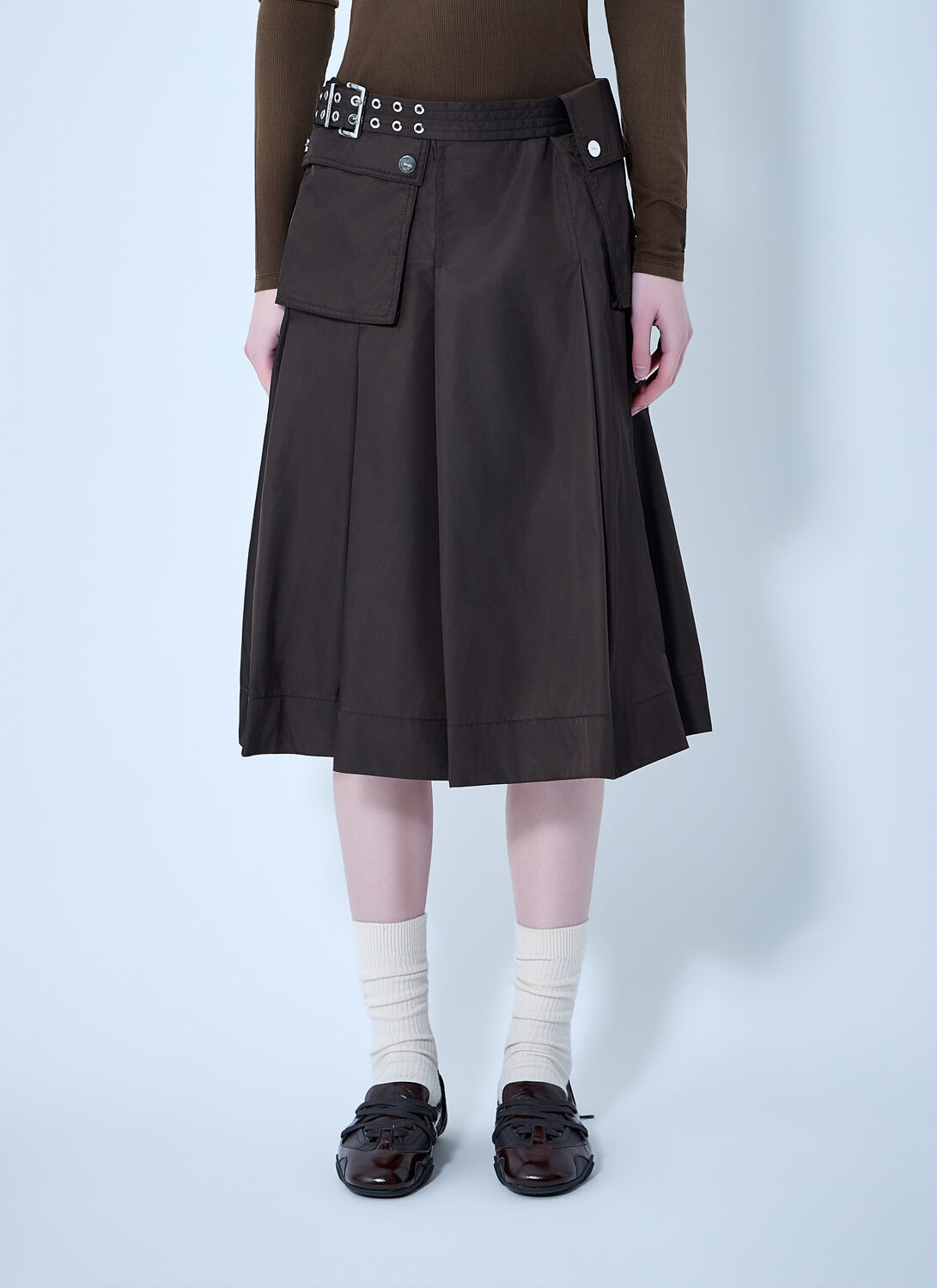 GANNI Duchesse Nylon Midi Pleated Pocket Skirt - Woman Skirts Dark Brown Fr - 40