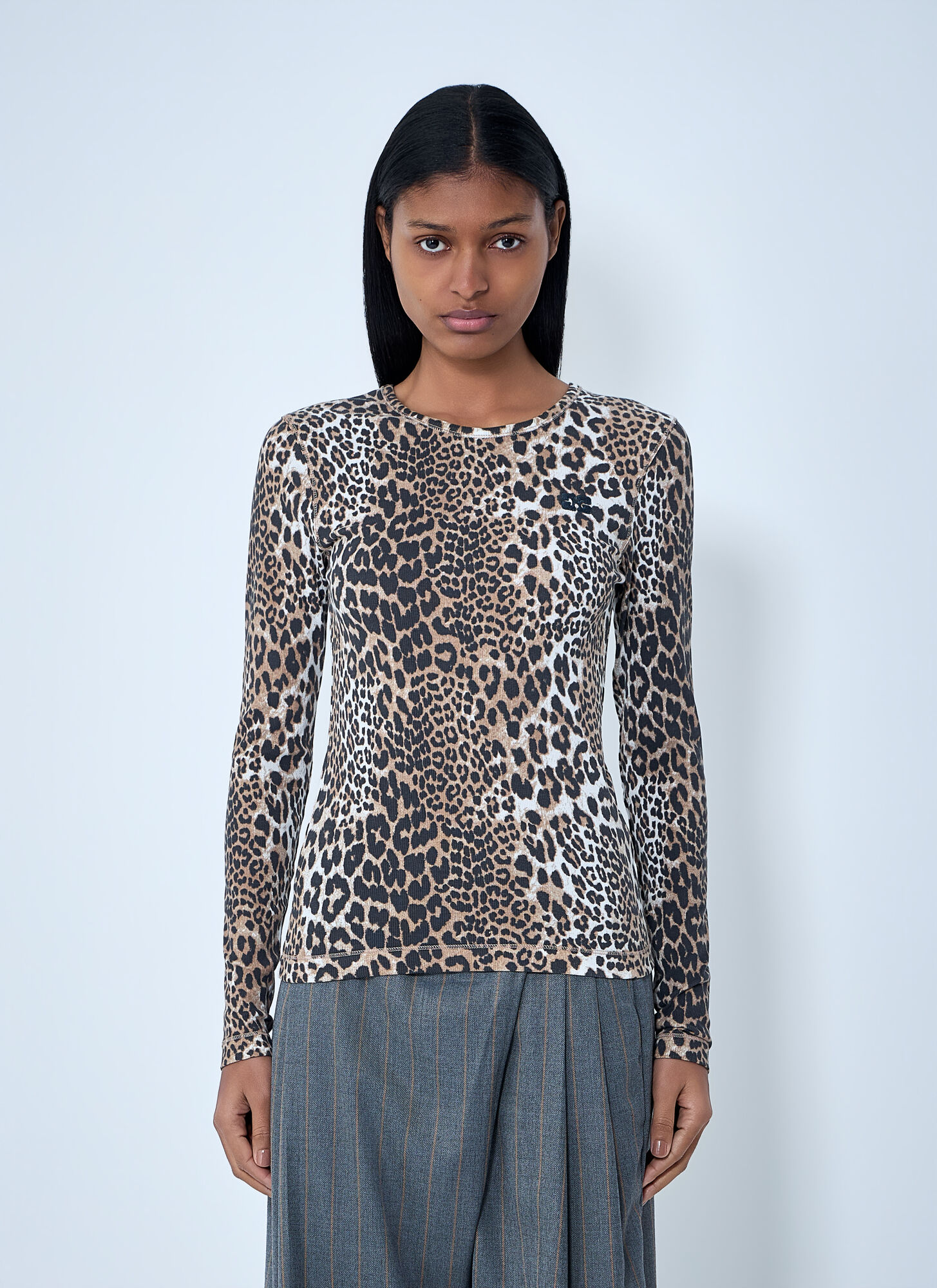 GANNI Leopard Print Long Sleeve Top - Woman Tops Brown Xs　GANNI ヒョウ柄長袖トップ - 女性トップス ブラウン Xs GANNI